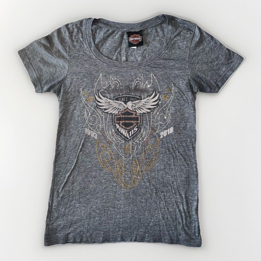 Harley Davidson Womens XS Black Rhinestone Wings Biker Bling Back Graphic